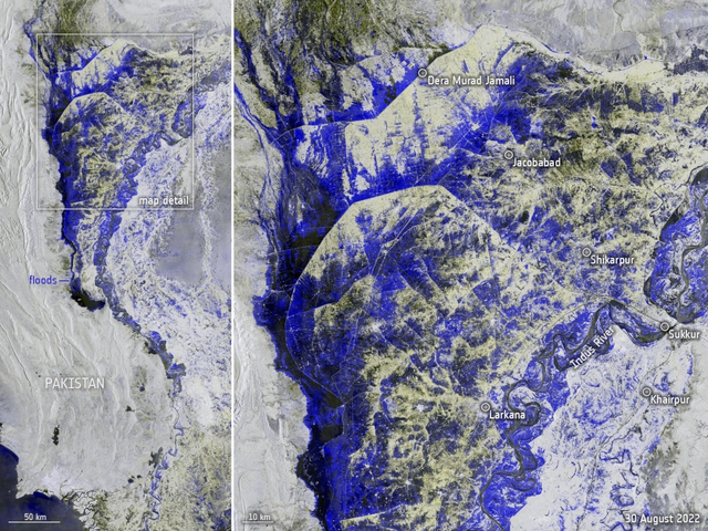 Dữ liệu do vệ tinh Copernicus Sentinel-1 chụp từ không gian vào ngày 30 tháng 8 cho thấy lũ lụt ở Pakistan. (Ảnh:  European Space Agency)