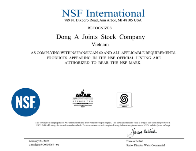 PAC bột của Hóa chất Đông Á đạt tiêu chuẩn quốc tế NSF - Ảnh 2.
