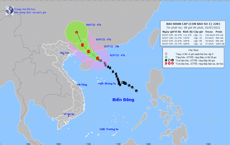 Vị trí và hướng di chuyển của bão số 1 được cập nhật tại bản tin lúc 8h00 ngày 2.7.2022 của Trung tâm Dự báo Khí tượng Thuỷ văn quốc gia. (Nguồn: nchmf.gov.vn)
