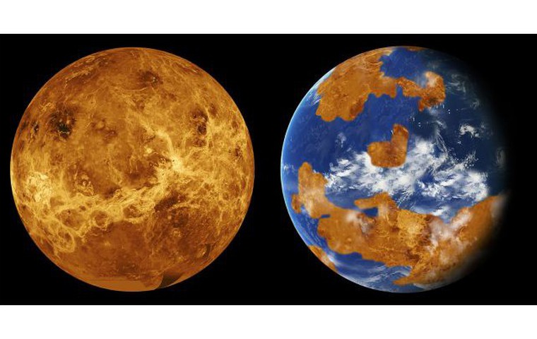 So sánh bề mặt của Sao Kim (bên trái) và Trái đất (hiện nay). Ảnh: NASA/JPL-Caltech, NASA 