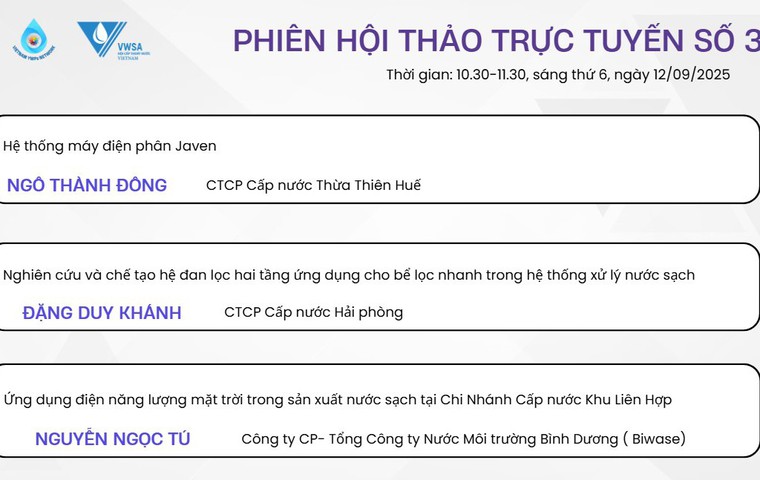 Phiên Hội thảo thứ III Giải thưởng Cán bộ trẻ Ngành nước Việt Nam năm 2025 đã diễn ra với 3 sáng kiến đến từ các công ty cấp nước Thừa Thiên Huế, Hải Phòng và Bình Dương.